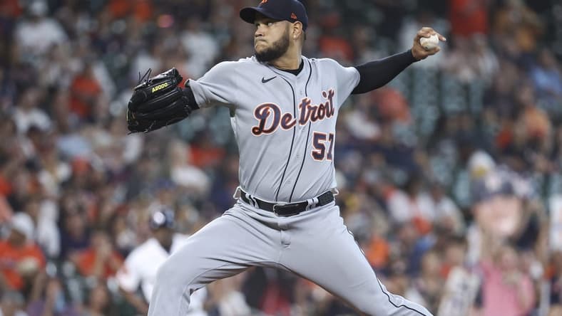 Apr 5, 2023; Houston, Texas, USA; Detroit Tigers starting pitcher Eduardo Rodriguez (57) delivers a pitch during the first inning against the Houston Astros at Minute Maid Park. Mandatory Credit: Troy Taormina-USA TODAY Sports