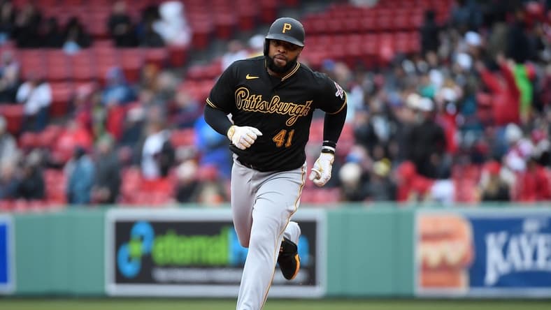 Apr 5, 2023; Boston, Massachusetts, USA; Pittsburgh Pirates first baseman Carlos Santana (41) runs the bases after hitting a home run against the Boston Red Sox at Fenway Park. Mandatory Credit: Eric Canha-USA TODAY Sports
