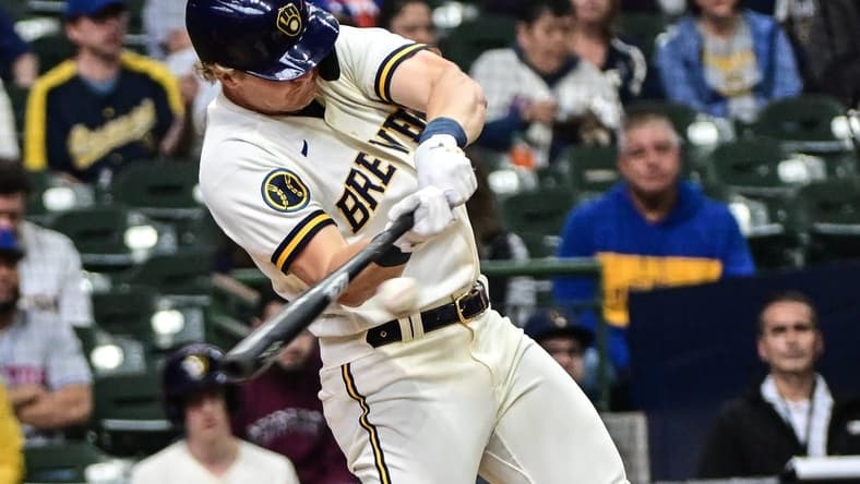 Apr 5, 2023; Milwaukee, Wisconsin, USA; Milwaukee Brewers right fielder Joey Wiemer (28) hits a 3-run home run in the second inning against the New York Mets at American Family Field. Mandatory Credit: Benny Sieu-USA TODAY Sports