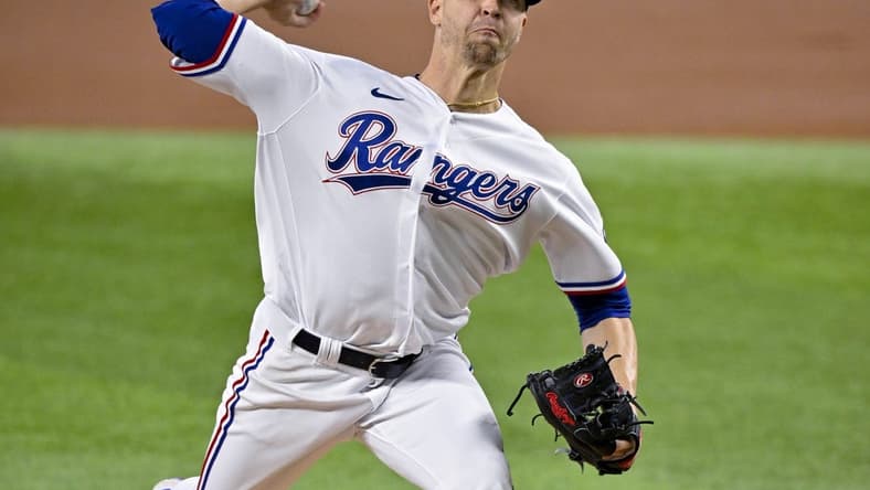 Apr 5, 2023; Arlington, Texas, USA; Texas Rangers starting pitcher Jacob deGrom (48) pitches against the Baltimore Orioles during the first inning at Globe Life Field. Mandatory Credit: Jerome Miron-USA TODAY Sports