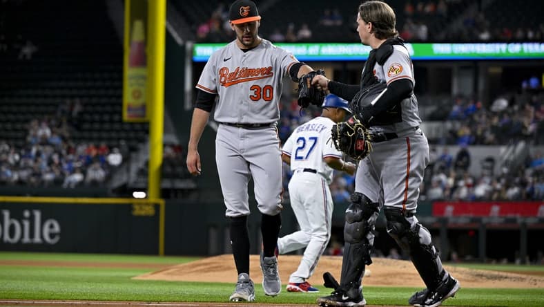 Apr 5, 2023; Arlington, Texas, USA; Baltimore Orioles starting pitcher Grayson Rodriguez (30) and catcher Adley Rutschman (35) come off the field after Rodriguez pitches against the Texas Rangers during the fifth inning at Globe Life Field. Mandatory Credit: Jerome Miron-USA TODAY Sports