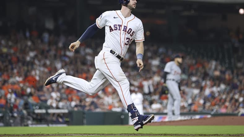 Apr 5, 2023; Houston, Texas, USA; Detroit Tigers starting pitcher Eduardo Rodriguez (57) reacts and Houston Astros right fielder Kyle Tucker (30) runs to first base on a home run during the fourth inning at Minute Maid Park. Mandatory Credit: Troy Taormina-USA TODAY Sports