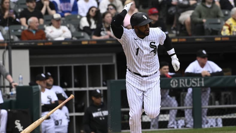 Apr 5, 2023; Chicago, Illinois, USA;  Chicago White Sox second baseman Elvis Andrus (1) after he hits his 2000th career hit during the fifth inning against the San Francisco Giants  at Guaranteed Rate Field. Mandatory Credit: Matt Marton-USA TODAY Sports