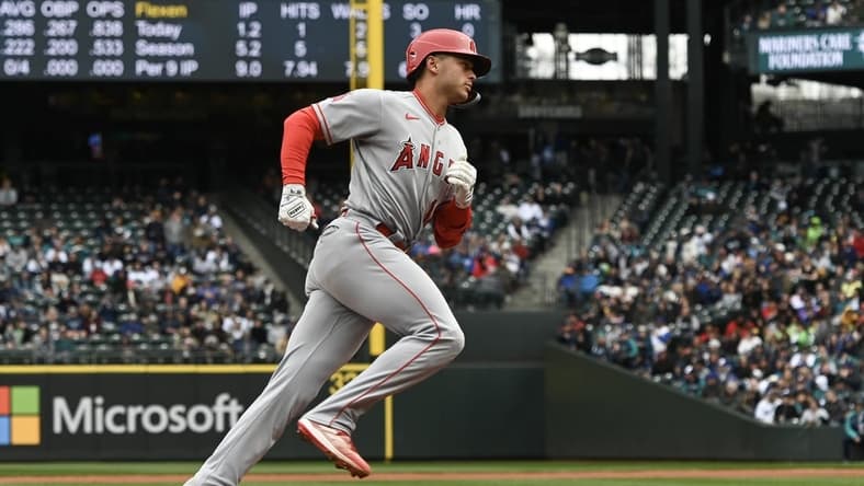 Apr 5, 2023; Seattle, Washington, USA; Los Angeles Angels catcher Logan O'Hoppe (14) runs around third base after hitting a two-run home run against the Seattle Mariners during the second inning at T-Mobile Park. Mandatory Credit: Michael Thomas Shroyer-USA TODAY Sports