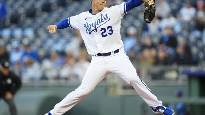 Apr 5, 2023; Kansas City, Missouri, USA; Kansas City Royals starting pitcher Zack Greinke (23) pitches during the first inning against the Toronto Blue Jays at Kauffman Stadium. Mandatory Credit: Jay Biggerstaff-USA TODAY Sports