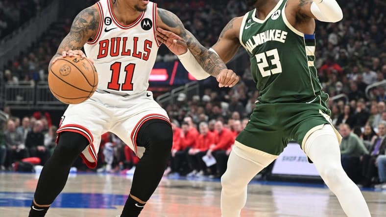 Apr 5, 2023; Milwaukee, Wisconsin, USA; Chicago Bulls forward DeMar DeRozan (11) drives to the basket against Milwaukee Bucks guard Wesley Matthews (23) in the first half at Fiserv Forum. Mandatory Credit: Michael McLoone-USA TODAY Sports