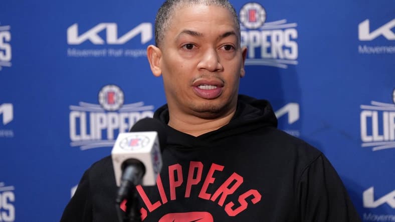Apr 5, 2023; Los Angeles, California, USA; LA Clippers coach Tyronn Lue at a press conference during the game against the Los Angeles Lakers at Crypto.com Arena. Mandatory Credit: Kirby Lee-USA TODAY Sports