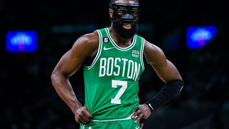 Apr 5, 2023; Boston, Massachusetts, USA; Boston Celtics guard Jaylen Brown (7) on the court against the Toronto Raptors in the second half at TD Garden. Mandatory Credit: David Butler II-USA TODAY Sports