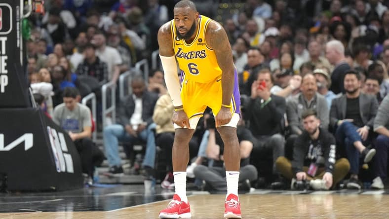 Apr 5, 2023; Los Angeles, California, USA; Los Angeles Lakers forward LeBron James (6) reacts against the LA Clippers in the second half at Crypto.com Arena. Mandatory Credit: Kirby Lee-USA TODAY Sports