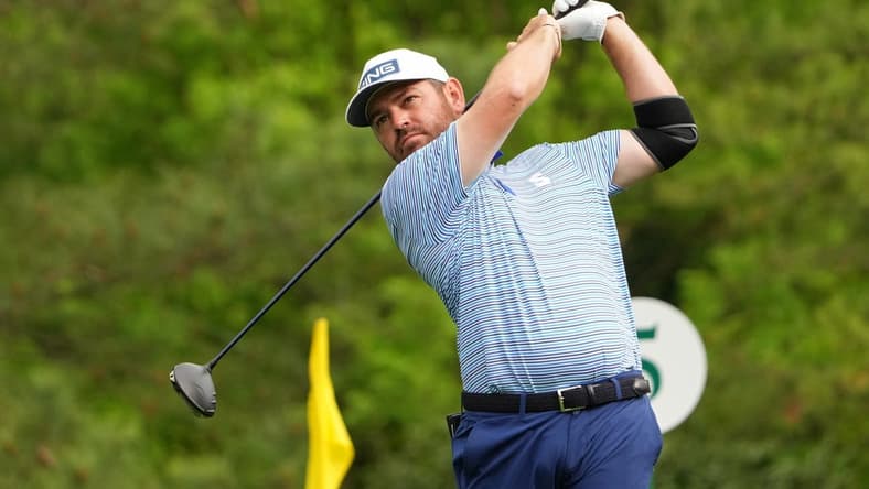 Apr 6, 2023; Augusta, Georgia, USA; Louis Oosthuizen tees off on the fifth hole during the first round of The Masters golf tournament. Mandatory Credit: Kyle Terada-USA TODAY Network