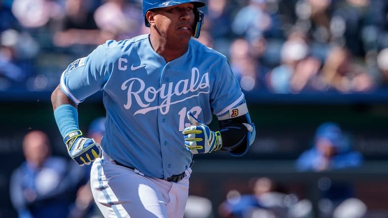 Apr 6, 2023; Kansas City, Missouri, USA; Kansas City Royals catcher Salvador Perez (13) heads to first base after a hit during the eighth inning against the Toronto Blue Jays at Kauffman Stadium. Mandatory Credit: William Purnell-USA TODAY Sports