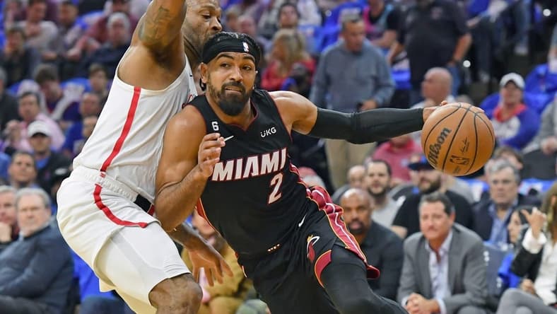 Apr 6, 2023; Philadelphia, Pennsylvania, USA; Miami Heat guard Gabe Vincent (2) drives to the basket against Philadelphia 76ers forward P.J. Tucker (17) during the first quarter at Wells Fargo Center. Mandatory Credit: Eric Hartline-USA TODAY Sports