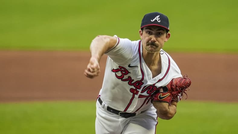 Apr 6, 2023; Cumberland, Georgia, USA; Atlanta Braves starting pitcher Spencer Strider (99) pitches against the San Diego Padres during the first inning at Truist Park. Mandatory Credit: Dale Zanine-USA TODAY Sports