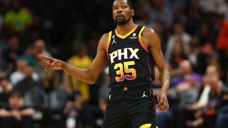 Apr 6, 2023; Phoenix, Arizona, USA; Phoenix Suns forward Kevin Durant (35) celebrates a shot against the Denver Nuggets in the first half at Footprint Center. Mandatory Credit: Mark J. Rebilas-USA TODAY Sports