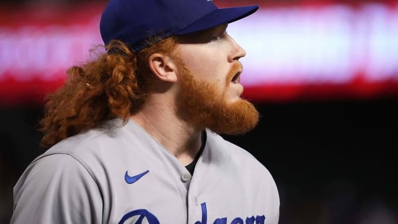 Apr 6, 2023; Phoenix, Arizona, USA; Los Angeles Dodgers starting pitcher Dustin May (85) looks on against the Arizona Diamondbacks during the fifth inning at Chase Field. Mandatory Credit: Joe Camporeale-USA TODAY Sports