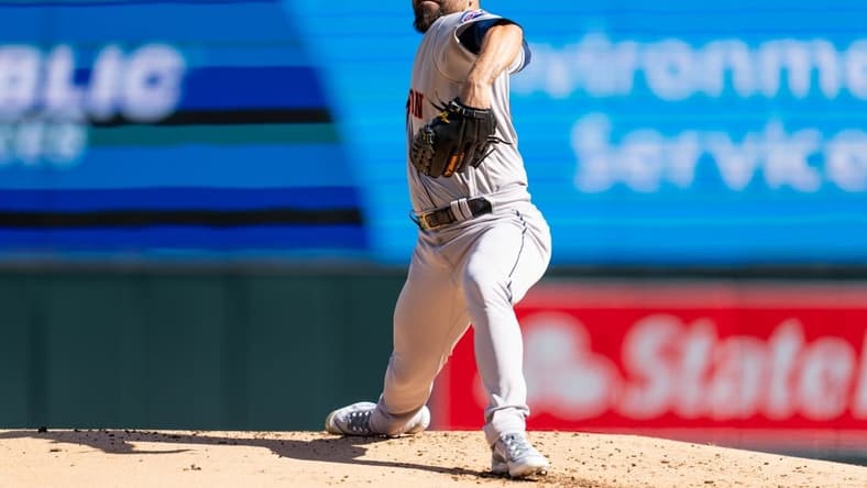 Apr 7, 2023; Minneapolis, Minnesota, USA; Houston Astros starting pitcher Jose Urquidy (65) pitches to the Minnesota Twins in the first inning at Target Field. Mandatory Credit: Matt Blewett-USA TODAY Sports