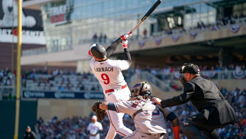 Apr 7, 2023; Minneapolis, Minnesota, USA; Minnesota Twins left fielder Trevor Larnach (9) strikes out against Houston Astros starting pitcher Jose Urquidy (not pictured) in the first inning at Target Field. Mandatory Credit: Matt Blewett-USA TODAY Sports
