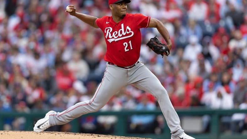 Apr 7, 2023; Philadelphia, Pennsylvania, USA; Cincinnati Reds starting pitcher Hunter Greene (21) throws a pitch during the fifth inning Philadelphia Phillies at Citizens Bank Park. Mandatory Credit: Bill Streicher-USA TODAY Sports
