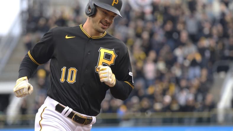 Apr 7, 2023; Pittsburgh, Pennsylvania, USA;  Pittsburgh Pirates left fielder Bryan Reynolds (10) circles the bases on a three run home run against the Chicago White Sox during the fourth inning at PNC Park. Mandatory Credit: Charles LeClaire-USA TODAY Sports