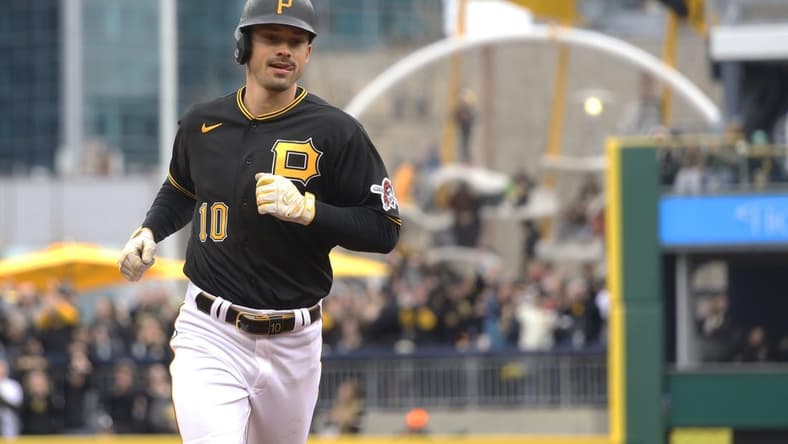 Apr 7, 2023; Pittsburgh, Pennsylvania, USA;  Pittsburgh Pirates left fielder Bryan Reynolds (10) circles the bases on a three-run home run against the Chicago White Sox during the fourth inning at PNC Park. Mandatory Credit: Charles LeClaire-USA TODAY Sports