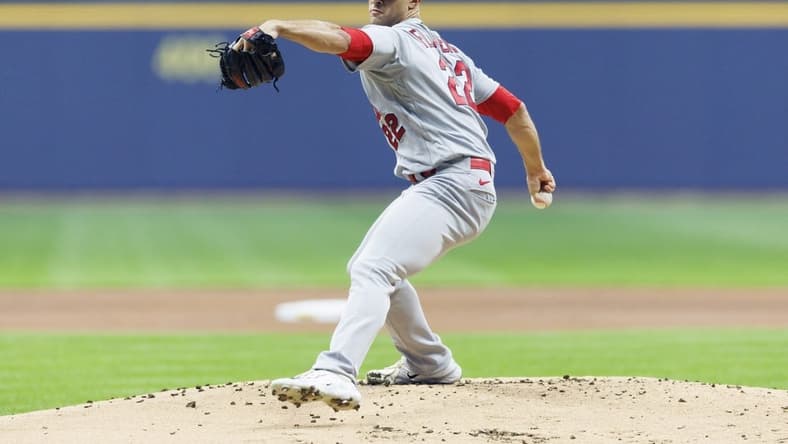 Apr 7, 2023; Milwaukee, Wisconsin, USA;  St. Louis Cardinals pitcher Jack Flaherty (22) throws a pitch during the first inning against the Milwaukee Brewers at American Family Field. Mandatory Credit: Jeff Hanisch-USA TODAY Sports