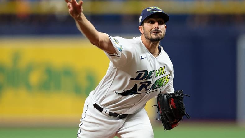 Apr 7, 2023; St. Petersburg, Florida, USA;  Tampa Bay Rays starting pitcher Zach Eflin (24) throws a pitch against the Oakland Athletics in the second inning at Tropicana Field. Mandatory Credit: Nathan Ray Seebeck-USA TODAY Sports