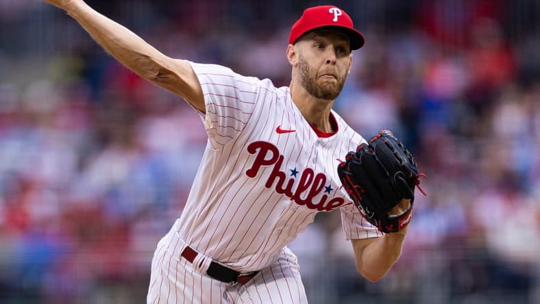 Apr 7, 2023; Philadelphia, Pennsylvania, USA; Philadelphia Phillies starting pitcher Zack Wheeler (45) throws a pitch second inning against the Cincinnati Reds at Citizens Bank Park. Mandatory Credit: Bill Streicher-USA TODAY Sports
