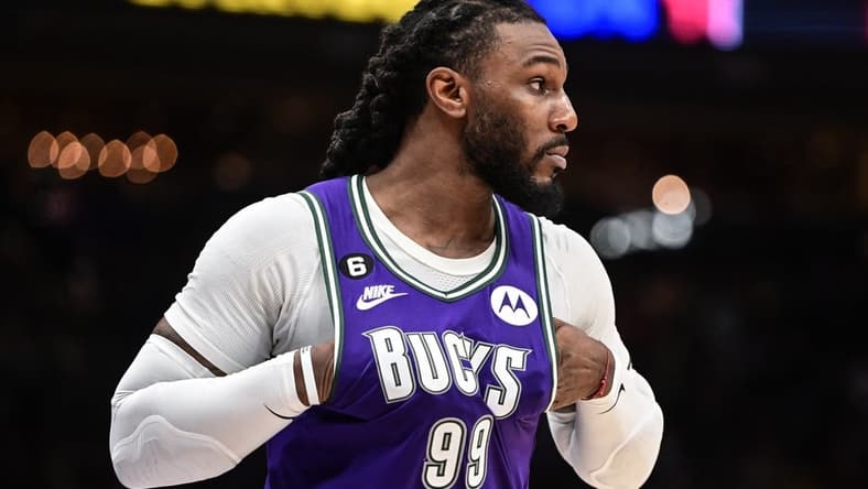 Apr 7, 2023; Milwaukee, Wisconsin, USA; Milwaukee Bucks forward Jae Crowder (99) reacts in the fourth quarter during game against the Memphis Grizzlies at Fiserv Forum. Mandatory Credit: Benny Sieu-USA TODAY Sports