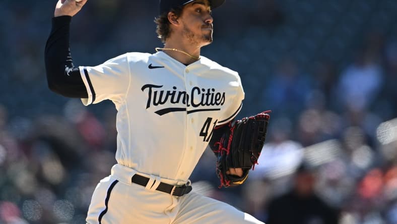 Apr 8, 2023; Minneapolis, Minnesota, USA;  Minnesota Twins starting pitcher Joe Ryan (41) throws a pitch against the Houston Astros during the first inning at Target Field. Mandatory Credit: Jeffrey Becker-USA TODAY Sports