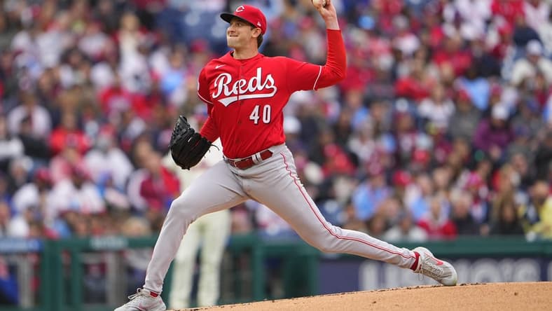 Apr 8, 2023; Philadelphia, Pennsylvania, USA; Cincinnati Reds pitcher Nick Lodolo (40) delivers a pitch against the Philadelphia Phillies during the first inning at Citizens Bank Park. Mandatory Credit: Gregory Fisher-USA TODAY Sports
