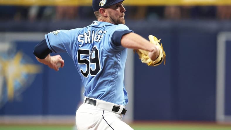 Apr 8, 2023; St. Petersburg, Florida, USA; Tampa Bay Rays starting pitcher Jeffrey Springs (59) throws a pitch against the Oakland Athletics during the second inning at Tropicana Field. Mandatory Credit: Kim Klement-USA TODAY Sports