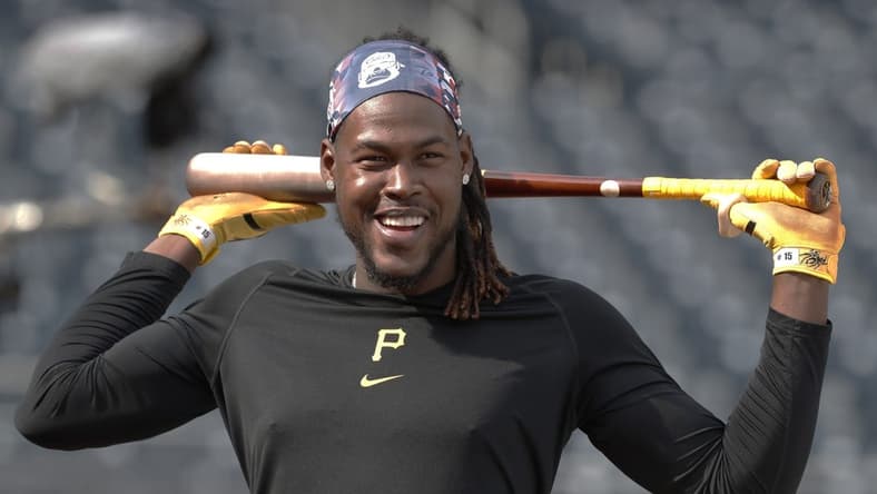 Apr 8, 2023; Pittsburgh, Pennsylvania, USA;  Pittsburgh Pirates shortstop Oneil Cruz (15) reacts at the batting cage before the game against the Chicago White Sox at PNC Park. Mandatory Credit: Charles LeClaire-USA TODAY Sports