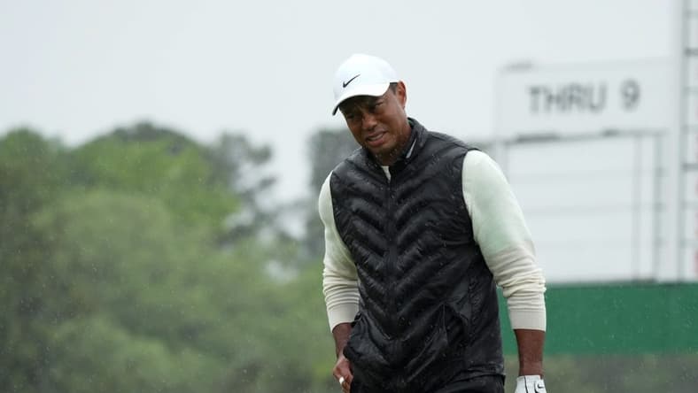 Apr 8, 2023; Augusta, Georgia, USA; Tiger Woods walks to the 18th green during the second round of The Masters golf tournament. Mandatory Credit: Kyle Terada-USA TODAY Network