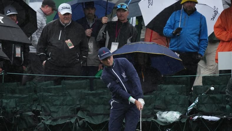 Apr 8, 2023; Augusta, Georgia, USA; Zach Johnson chips onto the 18th green during the third round of The Masters golf tournament. Mandatory Credit: Kyle Terada-USA TODAY Network