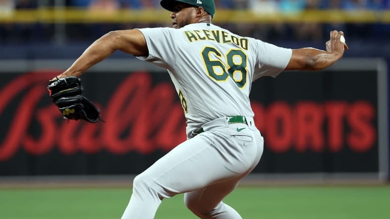 Apr 8, 2023; St. Petersburg, Florida, USA; Oakland Athletics relief pitcher Domingo Acevedo (68) throws a pitch during the sixth inning against the Tampa Bay Rays at Tropicana Field. Mandatory Credit: Kim Klement-USA TODAY Sports