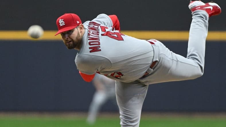 Apr 8, 2023; Milwaukee, Wisconsin, USA; St. Louis Cardinals starting pitcher Jordan Montgomery (47) delivers a pitch against the Milwaukee Brewers in the first inning at American Family Field. Mandatory Credit: Michael McLoone-USA TODAY Sports