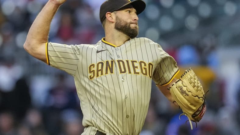 Apr 8, 2023; Cumberland, Georgia, USA; San Diego Padres starting pitcher Michael Wacha (52) pitches against the Atlanta Braves during the first inning at Truist Park. Mandatory Credit: Dale Zanine-USA TODAY Sports