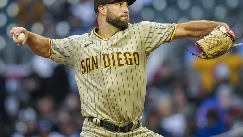 Apr 8, 2023; Cumberland, Georgia, USA; San Diego Padres starting pitcher Michael Wacha (52) pitches against the Atlanta Braves during the first inning at Truist Park. Mandatory Credit: Dale Zanine-USA TODAY Sports