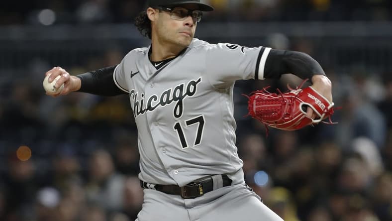 Apr 8, 2023; Pittsburgh, Pennsylvania, USA;  Chicago White Sox relief pitcher Joe Kelly (17) pitches against the Pittsburgh Pirates during the sixth inning at PNC Park. Mandatory Credit: Charles LeClaire-USA TODAY Sports