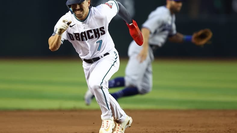 Apr 8, 2023; Phoenix, Arizona, USA; Arizona Diamondbacks outfielder Corbin Carroll runs the bases in the fifth inning against the Los Angeles Dodgers at Chase Field. Mandatory Credit: Mark J. Rebilas-USA TODAY Sports