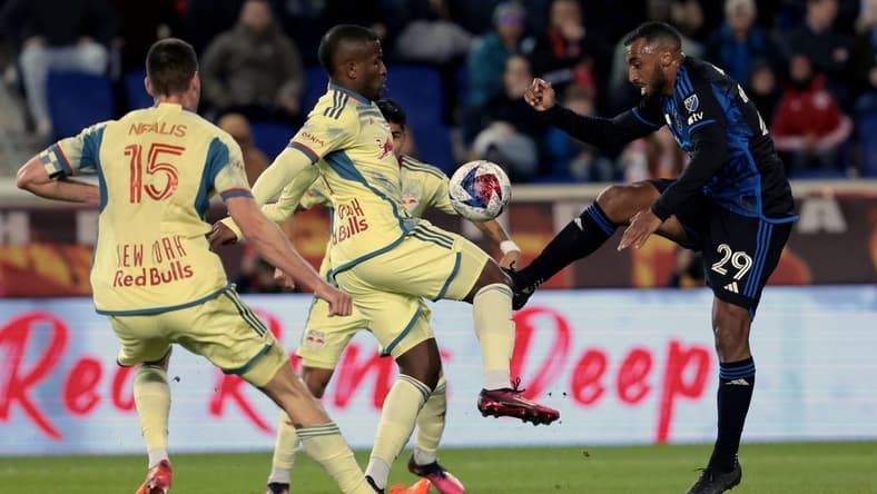 Apr 8, 2023; Harrison, New Jersey, USA; San Jose Earthquakes defender Carlos Akapo (29) and New York Red Bulls forward Elias Manoel (11) battle for the ball in the second half at Red Bull Arena. Mandatory Credit: Vincent Carchietta-USA TODAY Sports