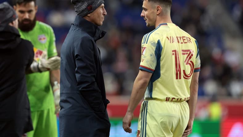 Apr 8, 2023; Harrison, New Jersey, USA; New York Red Bulls forward Dante Vanzeir (13) talks with head coach Gerhard Struber in the second half against the San Jose Earthquakes at Red Bull Arena. Mandatory Credit: Vincent Carchietta-USA TODAY Sports