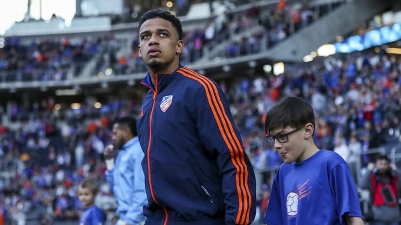 Apr 8, 2023; Cincinnati, Ohio, USA; FC Cincinnati forward Brenner (9) walks onto the field prior to the game against Philadelphia Union at TQL Stadium. Mandatory Credit: Katie Stratman-USA TODAY Sports