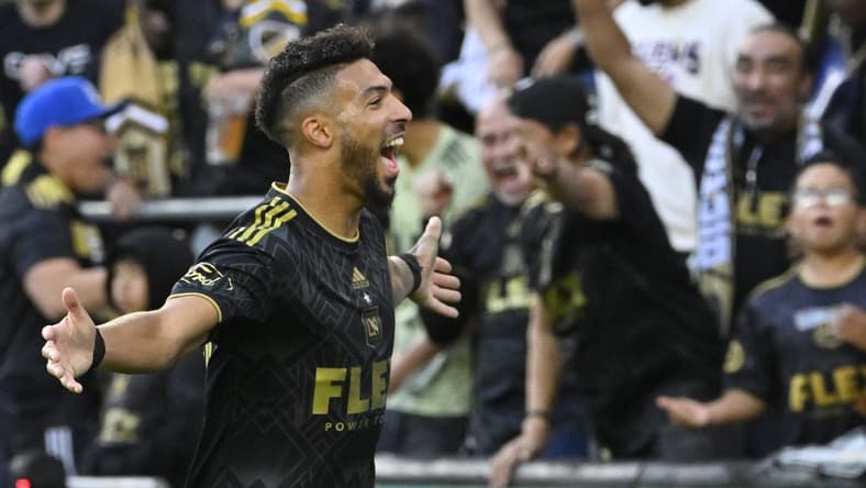 Apr 8, 2023; Los Angeles, California, USA; Los Angeles FC forward Denis Bouanga (99) celebrates after his second goal of the game against Austin FC in the second half at BMO Stadium. Mandatory Credit: Jayne Kamin-Oncea-USA TODAY Sports