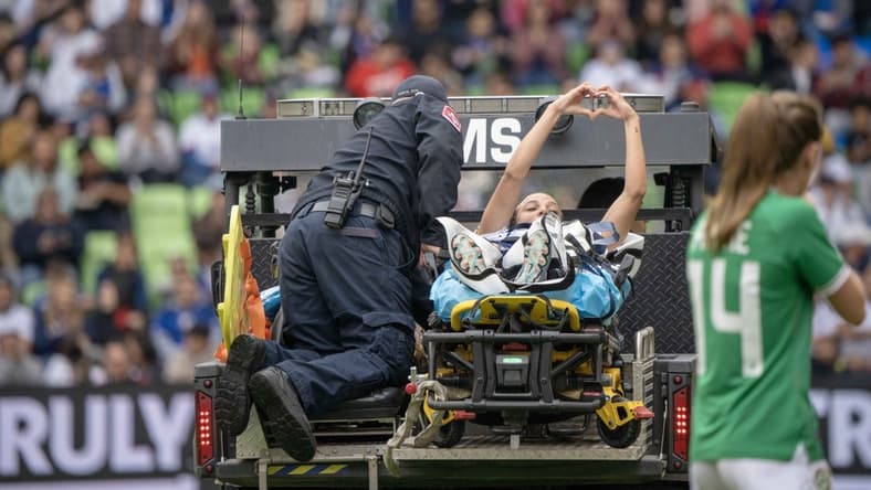 Apr 8, 2023; Austin, Texas, USA; U.S. Women's National Team forward Mallory Swanson (9) is escorted off field by medical personnel during the first half in a match against the Republic of Ireland Women's National Team at Q2 Stadium. Mandatory Credit: Dustin Safranek-USA TODAY Sports