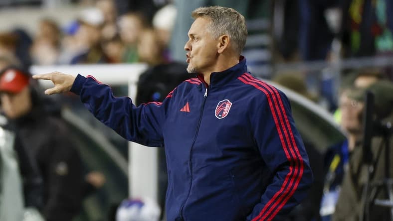 Apr 8, 2023; Seattle, Washington, USA; St. Louis City head coach Bradley Carnell gives instructions to players during the first half against the Seattle Sounders FC at Lumen Field. Mandatory Credit: Joe Nicholson-USA TODAY Sports