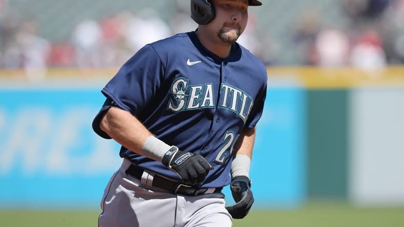 Apr 9, 2023; Cleveland, Ohio, USA; Seattle Mariners catcher Cal Raleigh (29) rounds the bases after hitting a home run during the first inning against the Cleveland Guardians at Progressive Field. Mandatory Credit: Ken Blaze-USA TODAY Sports