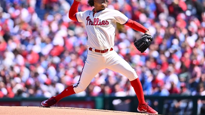 Apr 9, 2023; Philadelphia, Pennsylvania, USA; Philadelphia Phillies pitcher Taijuan Walker (99) throws a pitch against the Cincinnati Reds in the first inning at Citizens Bank Park. Mandatory Credit: Kyle Ross-USA TODAY Sports