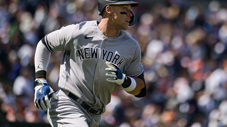 Apr 8, 2023; Baltimore, Maryland, USA;  New York Yankees right fielder Aaron Judge (99) runs out a third inning solo home run against the Baltimore Orioles  at Oriole Park at Camden Yards. Mandatory Credit: Tommy Gilligan-USA TODAY Sports