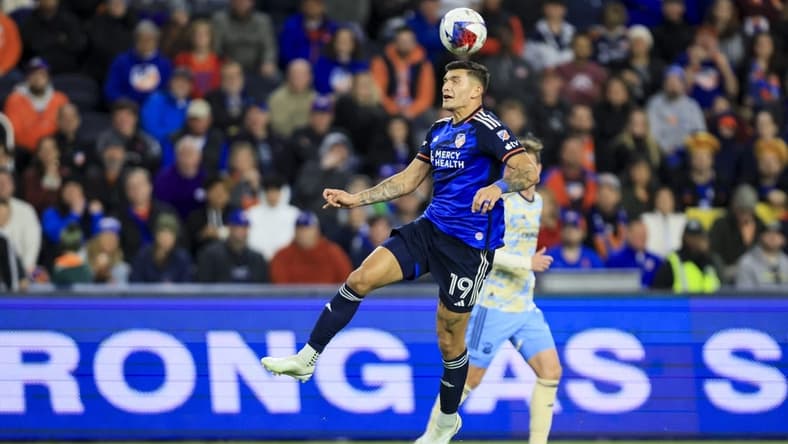 Apr 8, 2023; Cincinnati, Ohio, USA;  FC Cincinnati forward Brandon Vazquez (19) heads the ball against the Philadelphia Union at TQL Stadium. Mandatory Credit: Aaron Doster-USA TODAY Sports